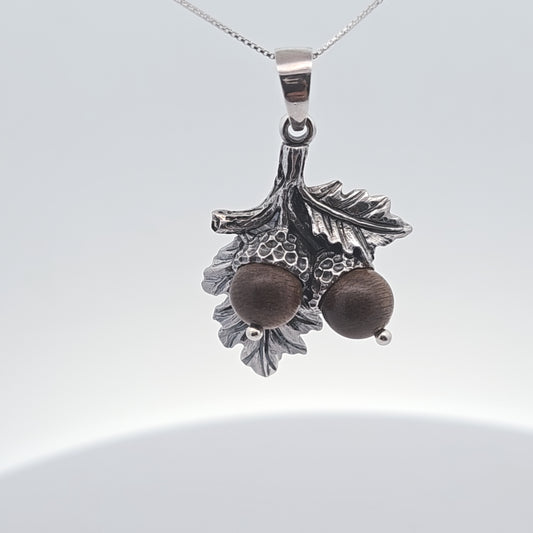 Handmade 925 Sterling Silver Acorn Necklace: Sandalwood Beads, Oak Leaf Pendant, Nature lovers collection