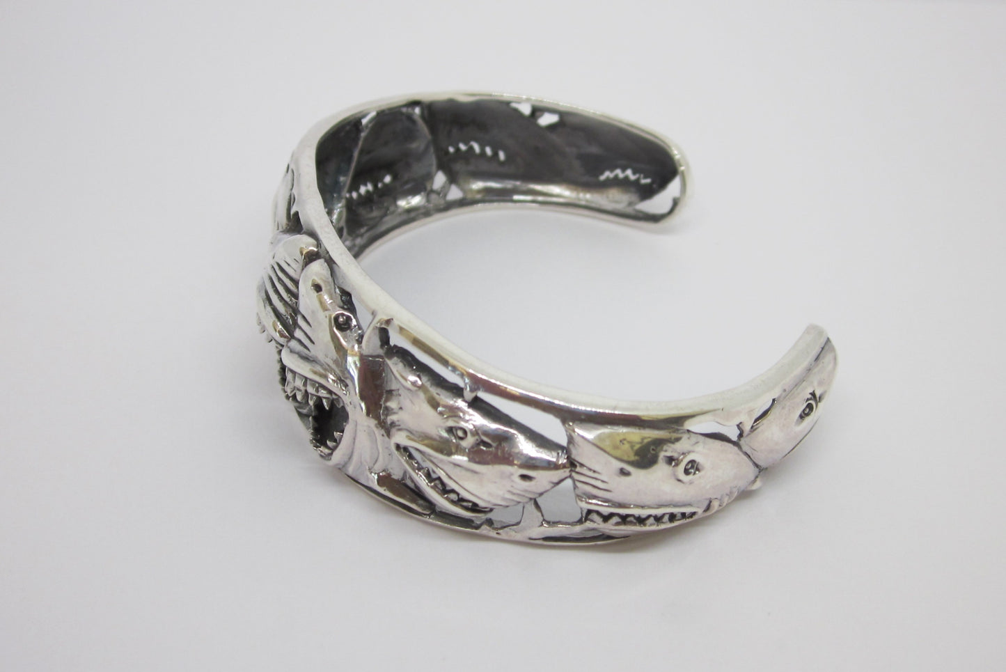 Handmade 925 Sterling Silver Shark Cuff Bracelet –Bold Open-Jaw Shark Design, Ocean Wildlife Jewelry for Men & Women, Oxidized vintage look