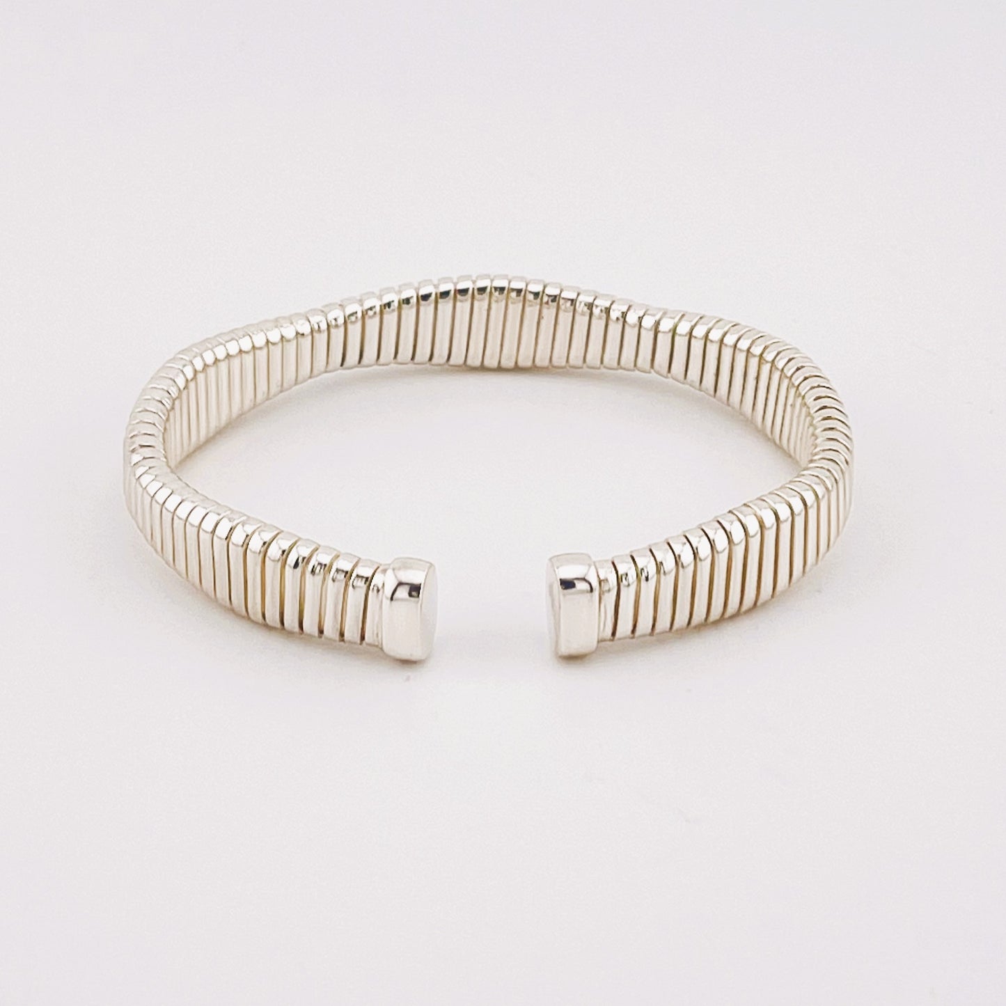 925 Sterling Silver Sleek Ribbed Cuff Bracelet, Made in Italy, high-polish finish and flexible open design, contemporary industrial design