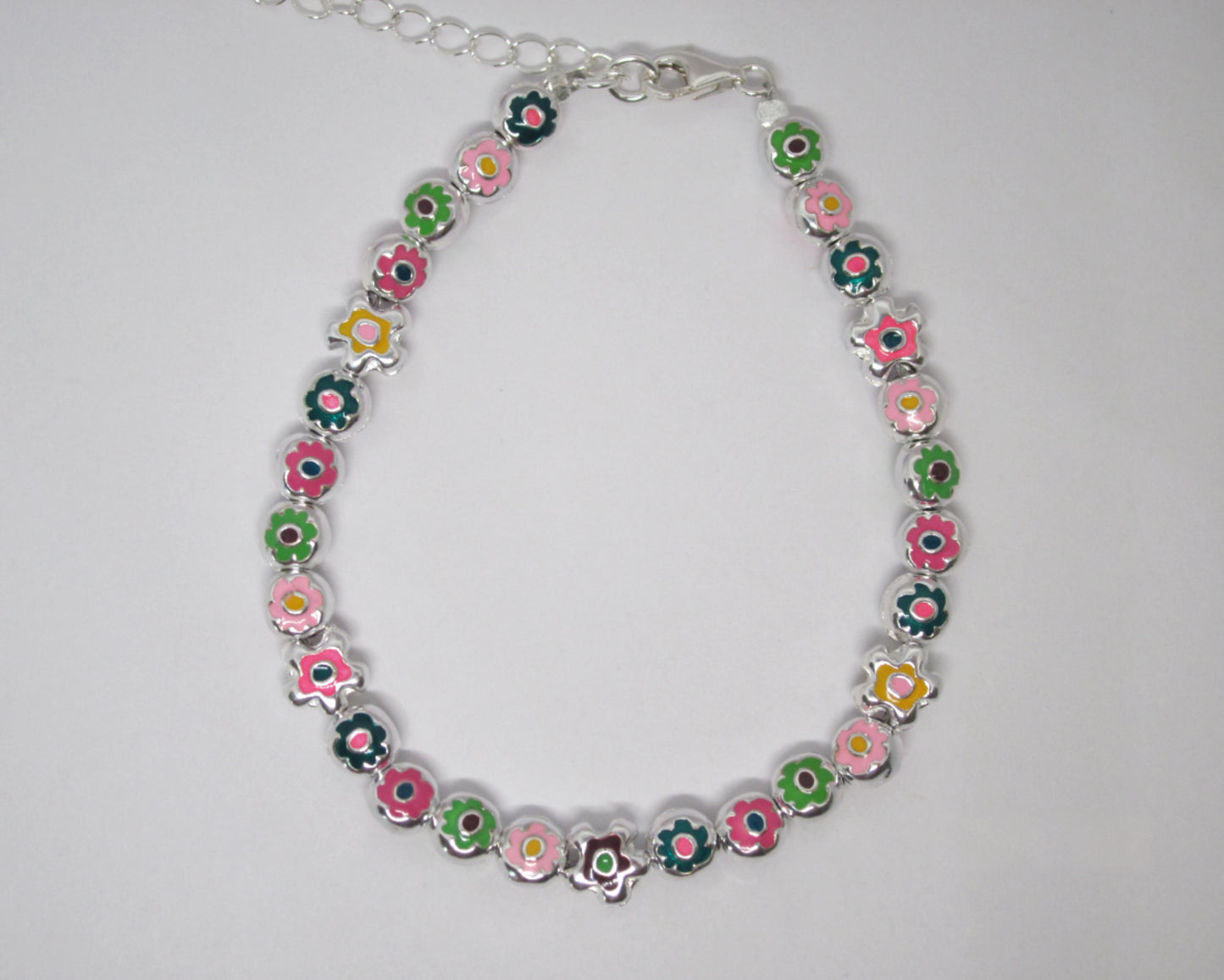 Handcraft Sterling Silver Flower Enamel Charm Bracelet: Adjustable Kids Jewelry