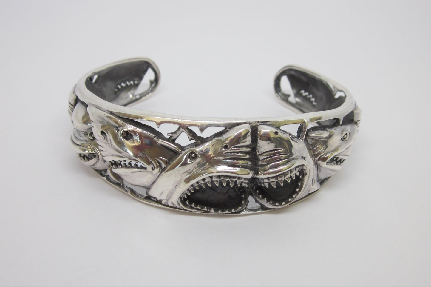 Handmade 925 Sterling Silver Shark Cuff Bracelet –Bold Open-Jaw Shark Design, Ocean Wildlife Jewelry for Men & Women, Oxidized vintage look