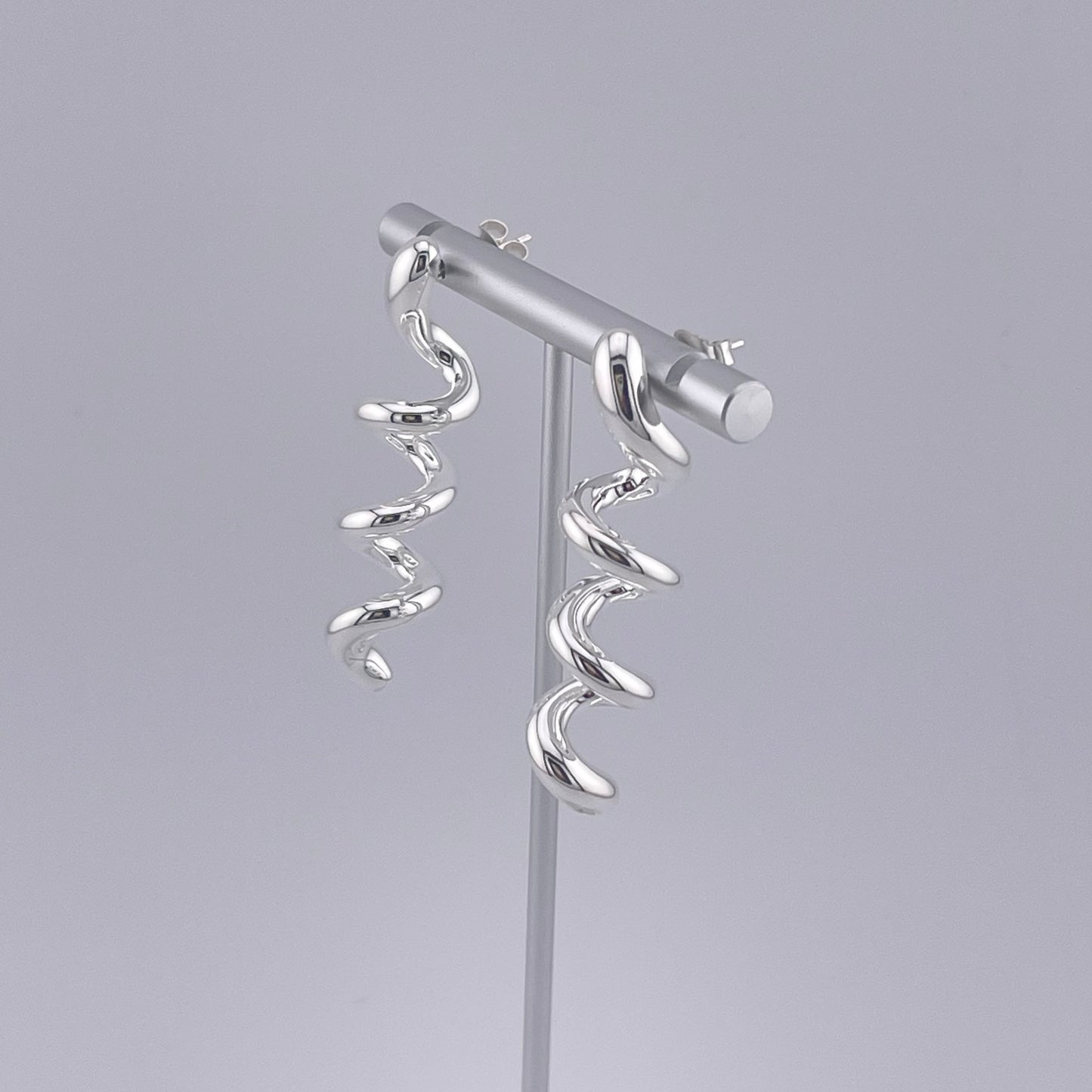 Sterling Silver Spiral Drop Earrings: Minimalist Modern Twisted Mirror Shine Jewelry