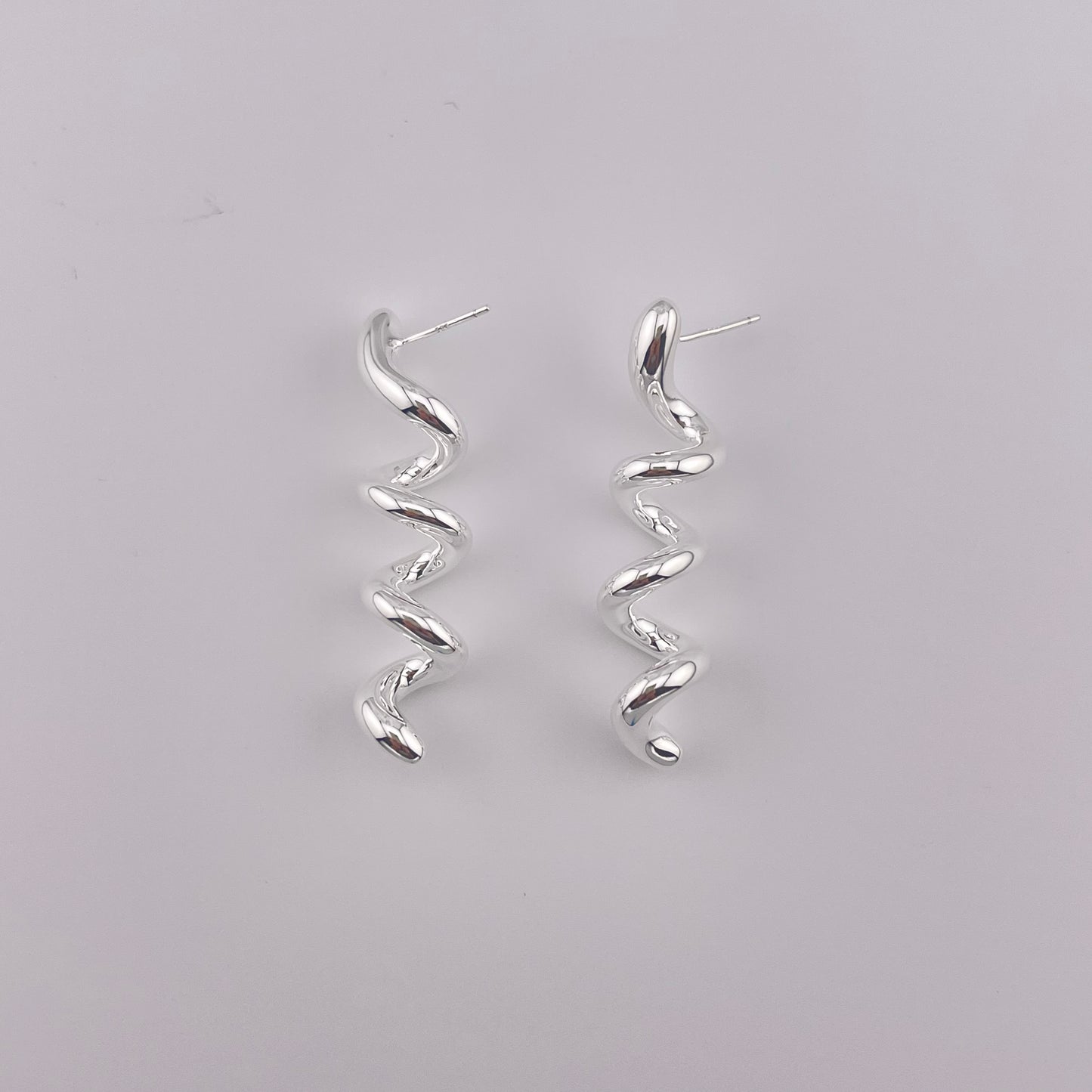 Sterling Silver Spiral Drop Earrings: Minimalist Modern Twisted Mirror Shine Jewelry
