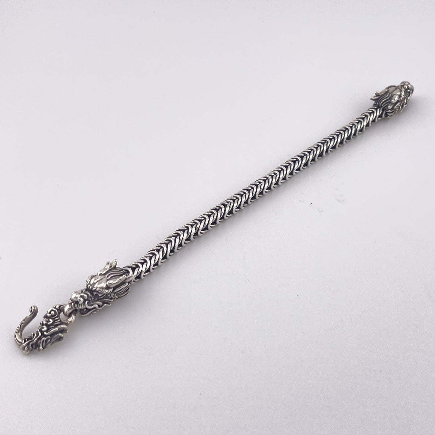 Sterling Silver Dragon Head Bracelet: Handwoven Byzantine Chain, Bold & Mystical Design