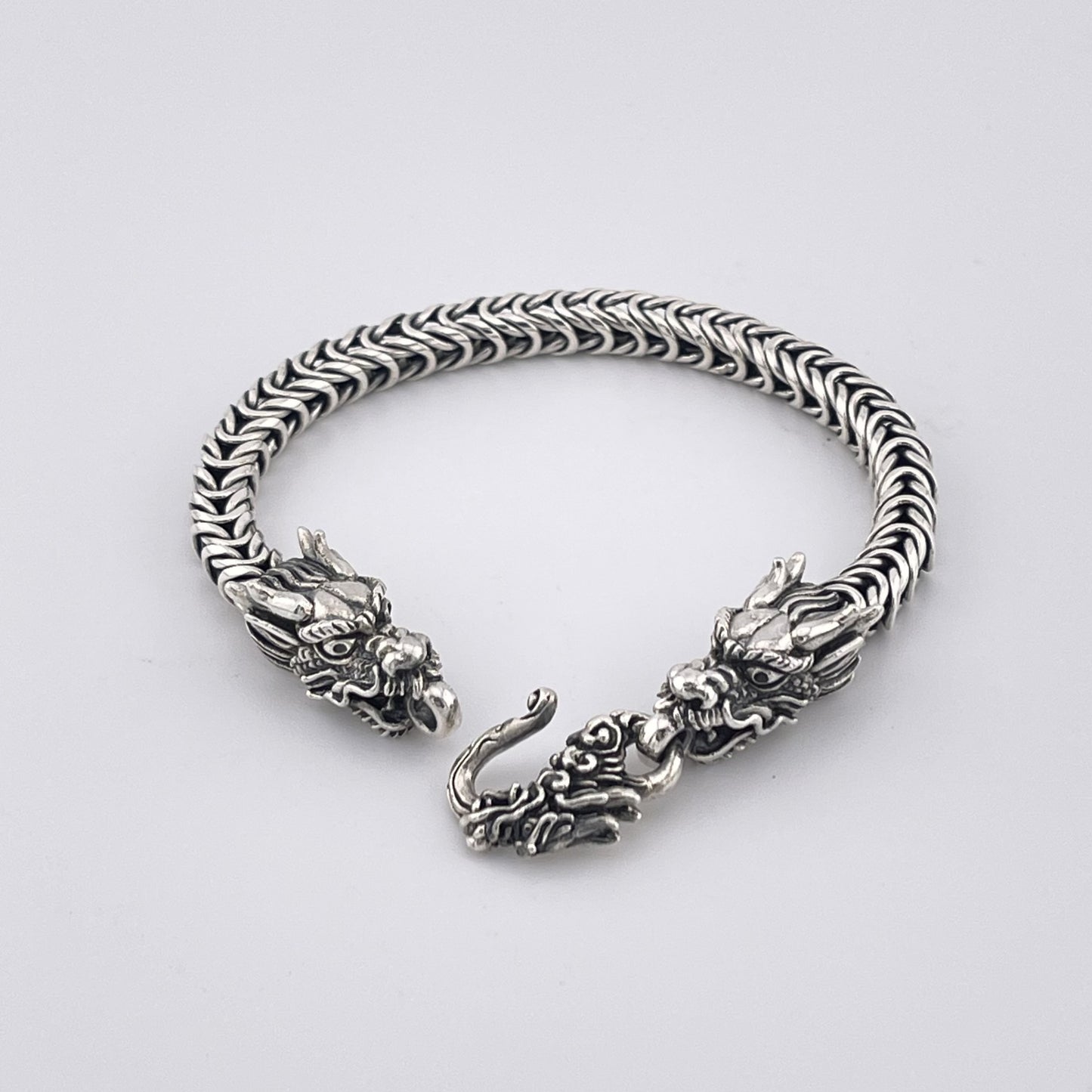 Sterling Silver Dragon Head Bracelet: Handwoven Byzantine Chain, Bold & Mystical Design