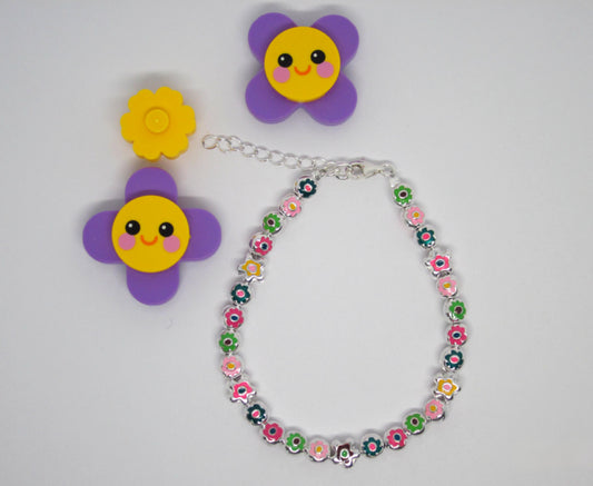Handcraft Sterling Silver Flower Enamel Charm Bracelet: Adjustable Kids Jewelry