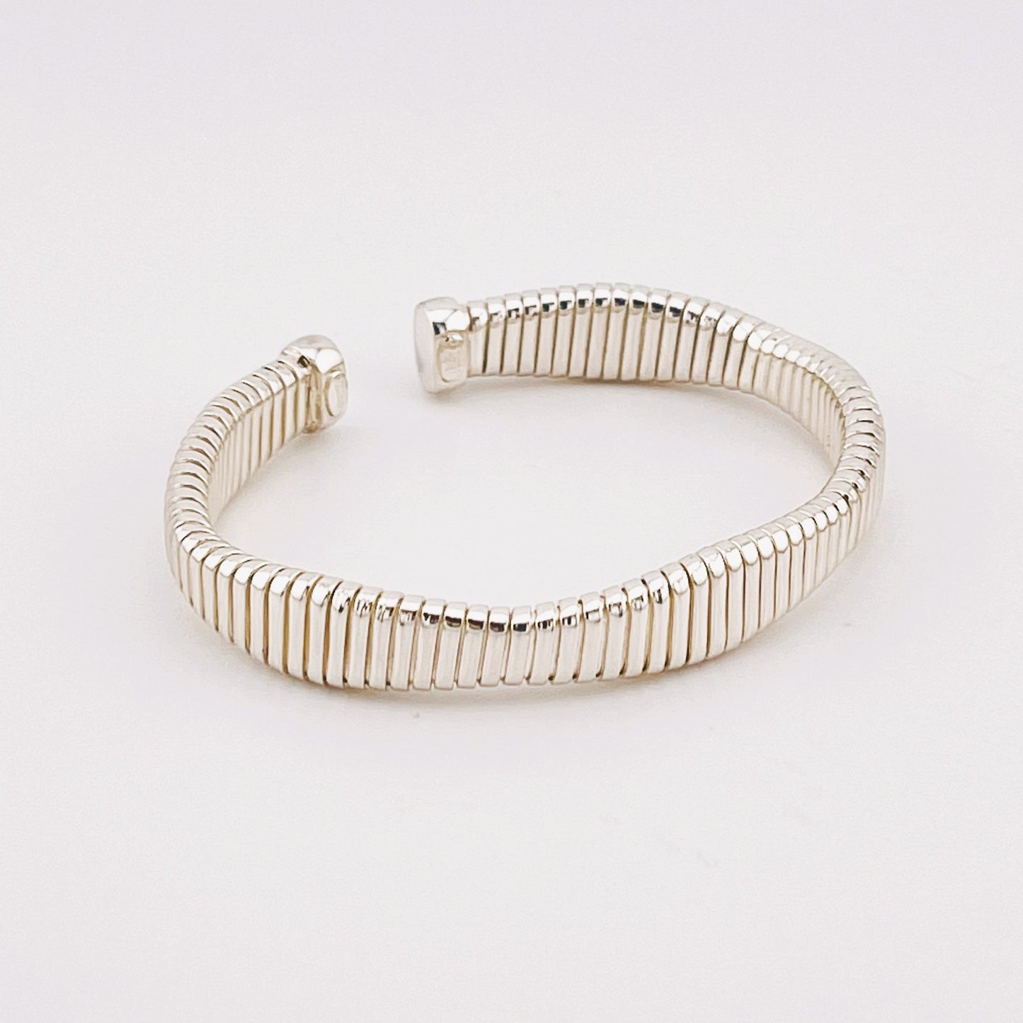 925 Sterling Silver Sleek Ribbed Cuff Bracelet, Made in Italy, high-polish finish and flexible open design, contemporary industrial design