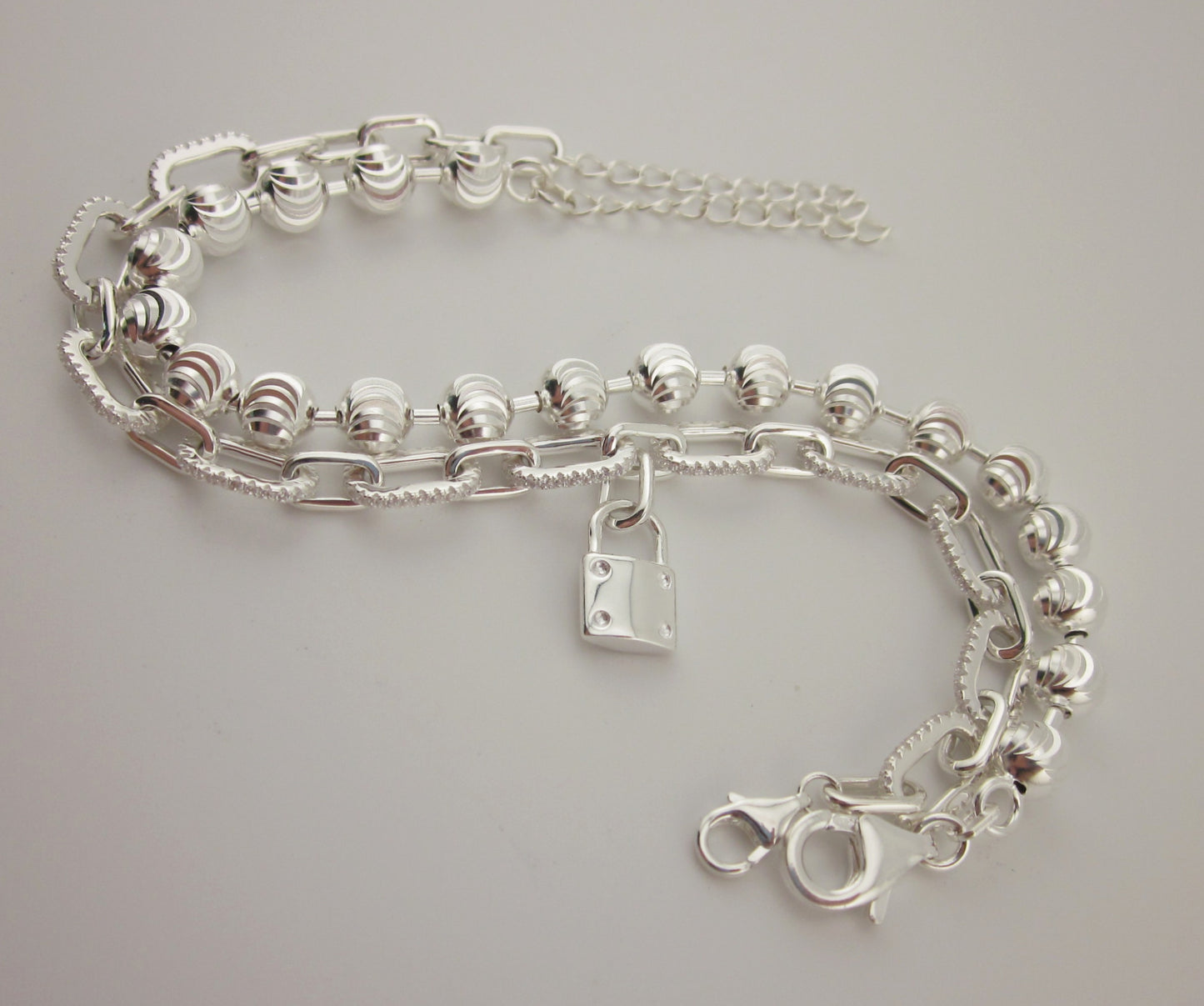 2-Piece 925 Sterling Silver Double Layer Bracelet with Padlock Charm | Layered Chain & Bead Ball Bracelet | Modern Minimalist Jewelry
