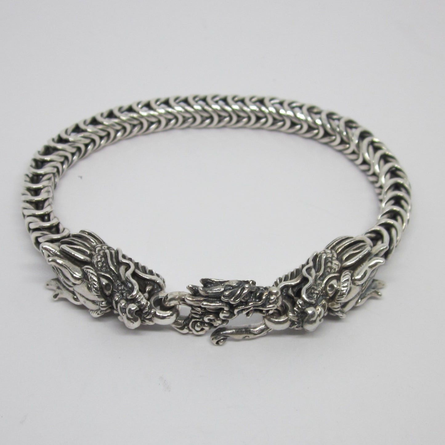 Sterling Silver Dragon Head Bracelet: Handwoven Byzantine Chain, Bold & Mystical Design