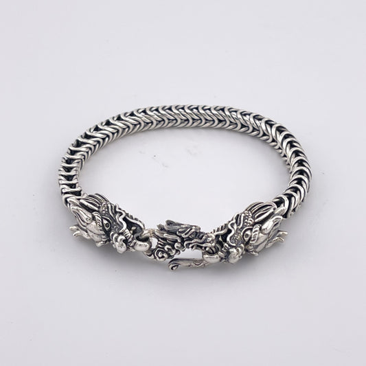 Sterling Silver Dragon Head Bracelet: Handwoven Byzantine Chain, Bold & Mystical Design