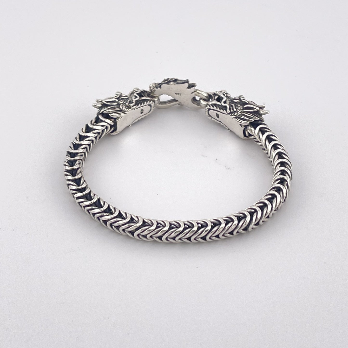 Sterling Silver Dragon Head Bracelet: Handwoven Byzantine Chain, Bold & Mystical Design