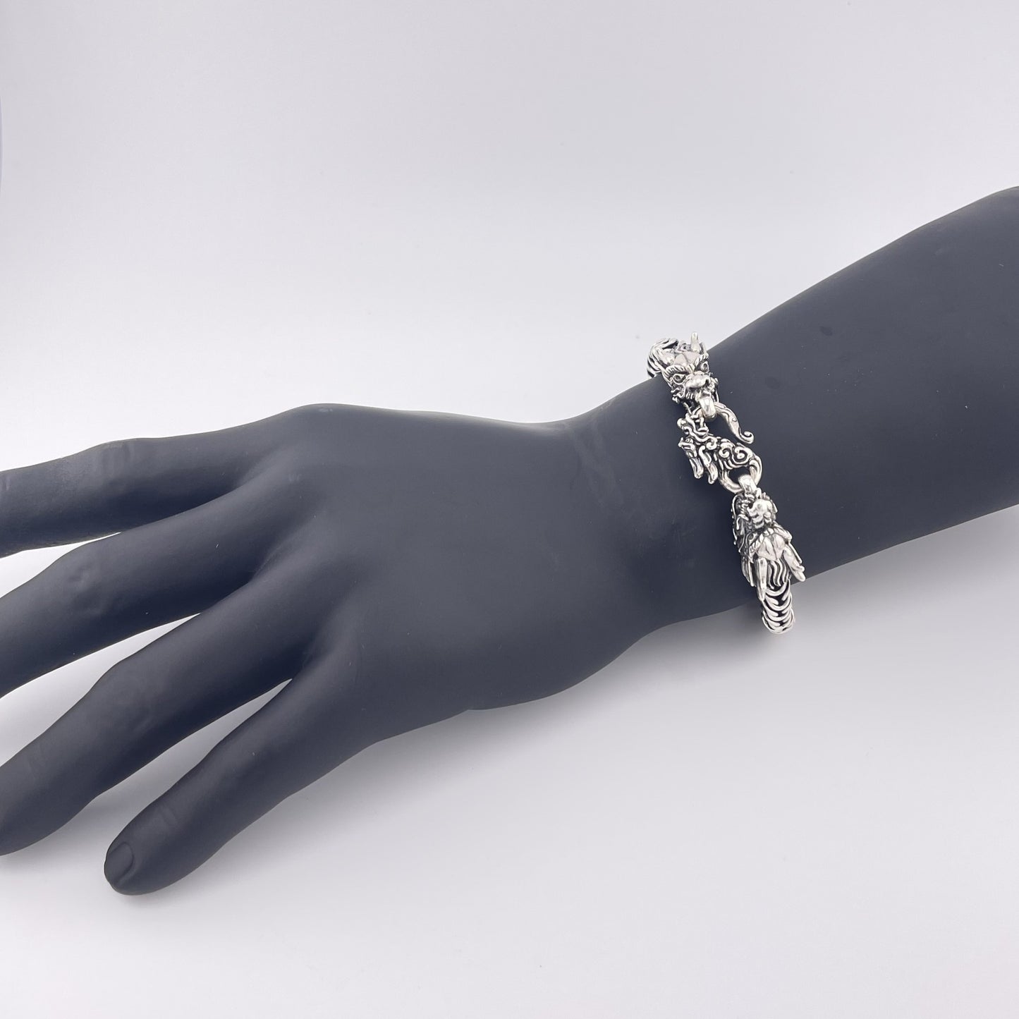 Sterling Silver Dragon Head Bracelet: Handwoven Byzantine Chain, Bold & Mystical Design