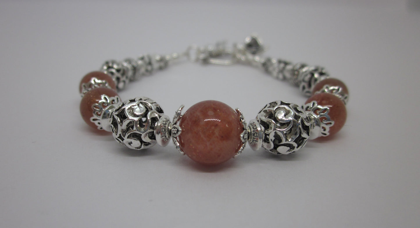 Handmade Sunstone & 925 Sterling Silver Bracelet – One of a Kind, Adjustable Length, Natural Color, Genuine Gemstone, Unique Design.