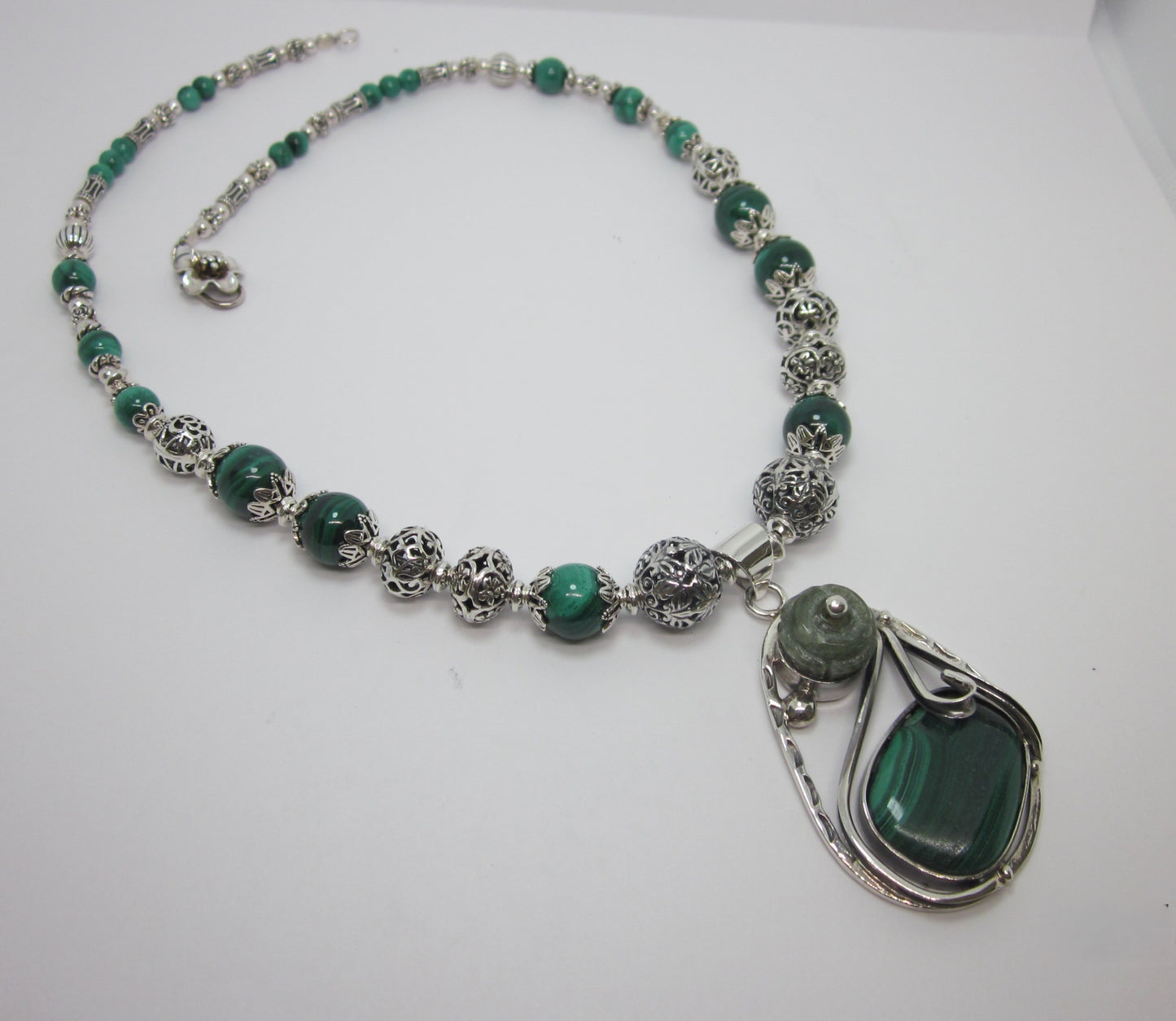 Malachite Necklace with Sterling Silver Pendant | Natural Green Gemstone Beaded Necklace | Handmade Healing Jewelry for Women