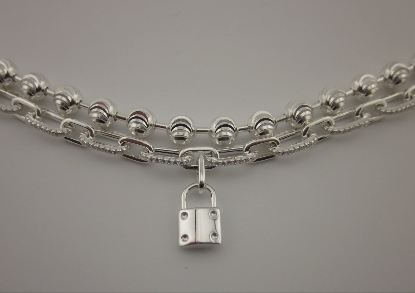2-Piece 925 Sterling Silver Double Layer Bracelet with Padlock Charm | Layered Chain & Bead Ball Bracelet | Modern Minimalist Jewelry