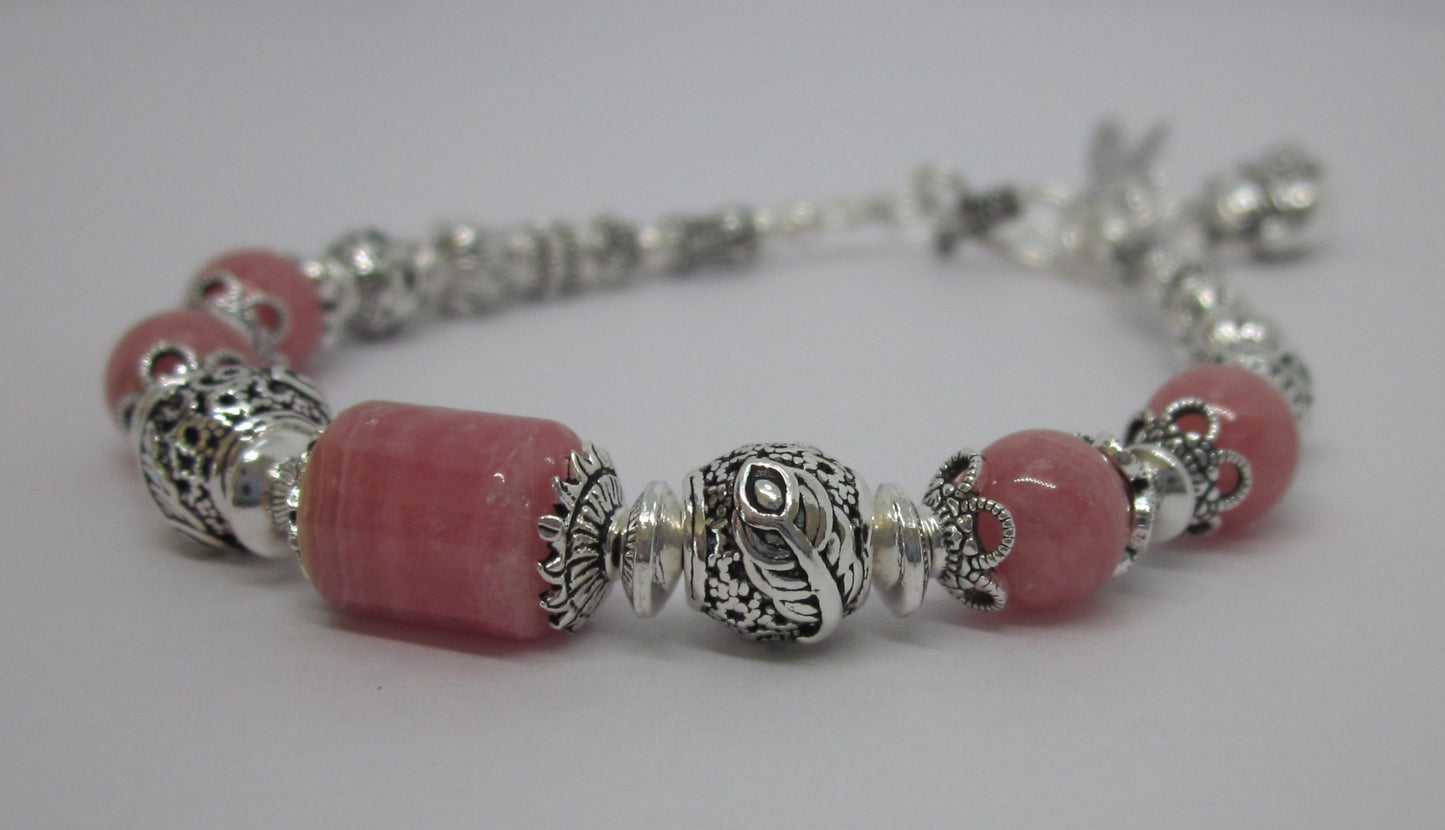 Handmade 925 Sterling Silver Bracelet, Genuine Rhodochrosite, Natural Color, Unique Design, Adjustable Length