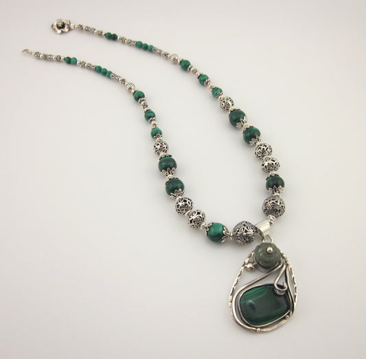 Malachite Necklace with Sterling Silver Pendant | Natural Green Gemstone Beaded Necklace | Handmade Healing Jewelry for Women