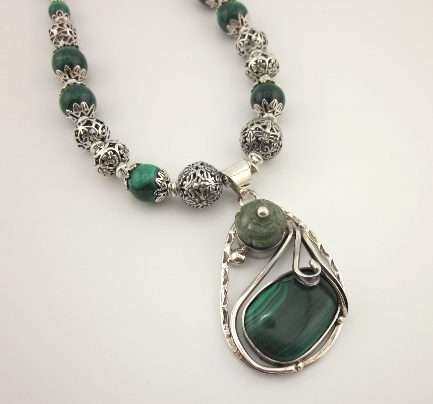 Malachite Necklace with Sterling Silver Pendant | Natural Green Gemstone Beaded Necklace | Handmade Healing Jewelry for Women