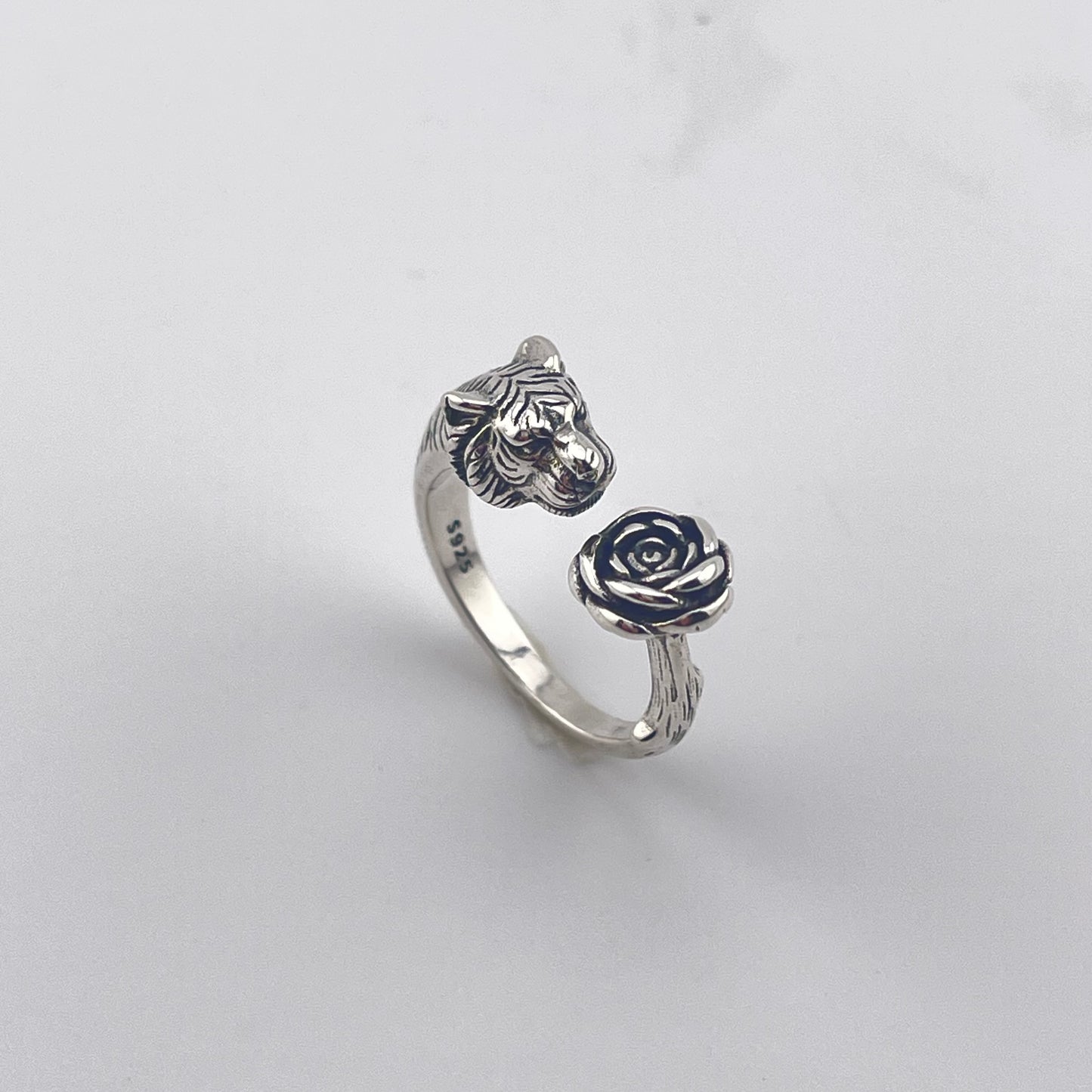 Handmade Vintage Sterling Silver Tiger & Rose Free Size Ring