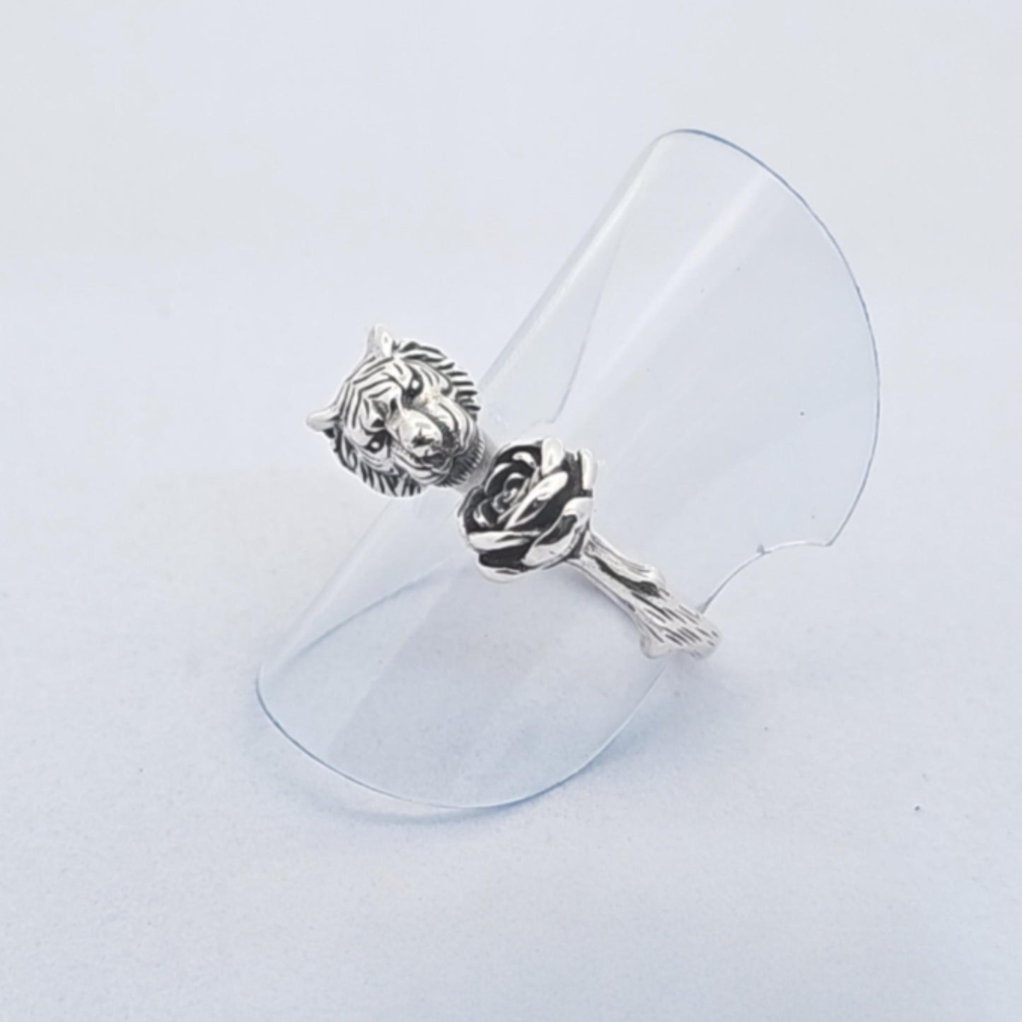 Handmade Vintage Sterling Silver Tiger & Rose Free Size Ring